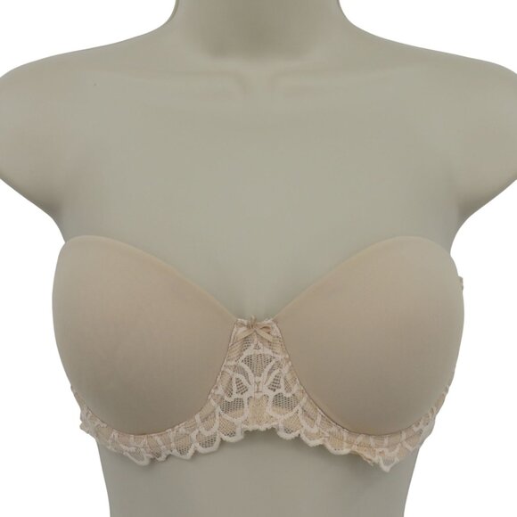 SO 36B Bra Solid Beige Strapless Bra Underwire Padded Lace Accent Bow Womens - Picture 1 of 13